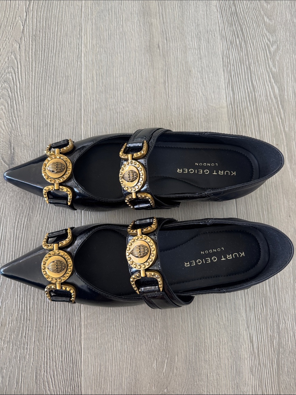Kurt Geiger Black Patent Pointed Flats with Gold Medallion Accents - Picture 3 of 8